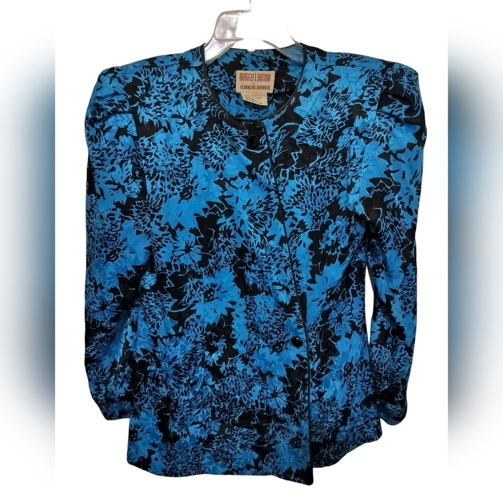 2388)Vintage Maggy London by Jeannene Boher Blue Silk Shimmery Blouse Size 10